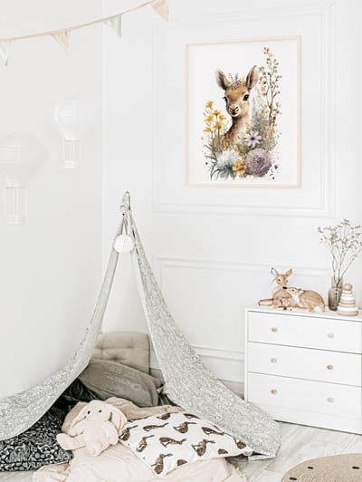 Poster hertje met bloemen-posters-A4 formaat-watercolours spring-winter animals-dieren-kinderkamer accessoires-babykamer accessoires