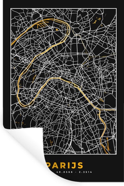 Muurstickers - Sticker Folie - Parijs - Stadskaart - Goud - Plattegrond - Kaart - 20x30 cm - Plakfolie - Muurstickers Kinderkamer - Zelfklevend Behang - Zelfklevend behangpapier - Stickerfolie