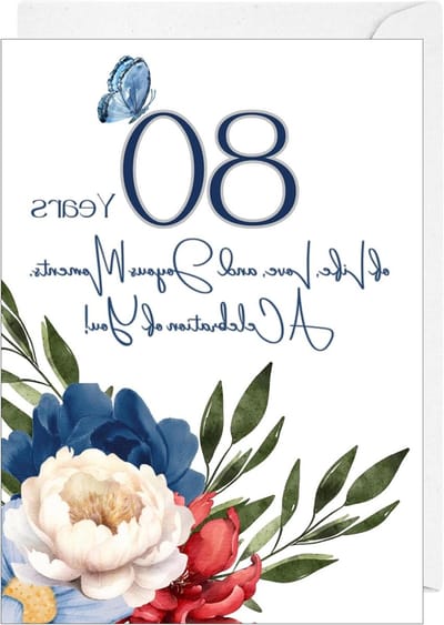 Verjaardagskaart 80 Jaar - Oma Kaart Feestkaart - Mijlpaal Vieren - Bloemenmotief - 18 x 13 cm - Rood Blauw Wit