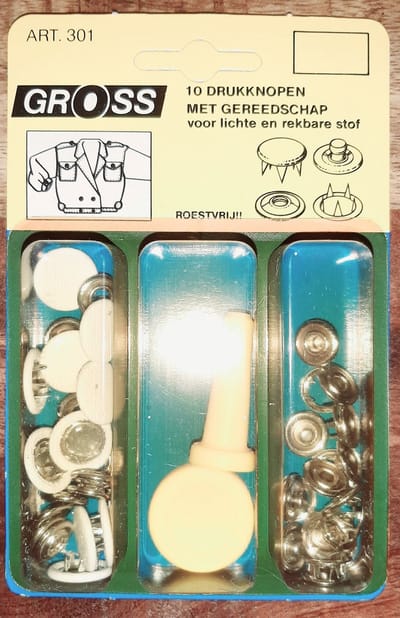 Gross - 10 drukknopen met gereedschap voor lichte en rekbare stof - art. 301 - drukkers wit rvs - 15 mm