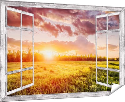 Gards Tuinposter Doorkijk Zonsopkomst in het Veld - 180x120 cm - Tuindoek - Tuindecoratie - Wanddecoratie buiten - Tuinschilderij