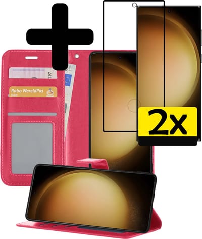 Hoesje - Met 2x Screenprotector - Geschikt voor Samsung Galaxy S23 Ultra - Luxe Pasjeshouder - Bookcase Portemonee - Flip Case - Kunstleer Book Case - Flipcase Hoes - Book Cover - Walletcase - Portemonneehoes - Telefoonhoesjes - Donkerroze