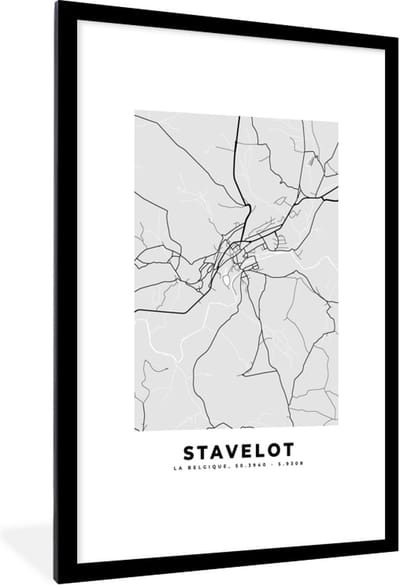 Fotolijst incl. Poster Zwart Wit- Zwart Wit – België – Plattegrond – Stadskaart – Kaart – Stavelot - 80x120 cm - Posterlijst