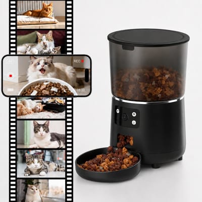 Daity 1 stuk - Automatische voerautomaat voor katten met camera – 1080p HD-video met nachtzicht, 5G wifi-voerautomaat met audio voor kat en hond, meldingen bij weinig voer en beweging/geluid, dubbele voerbak, zwart 4L