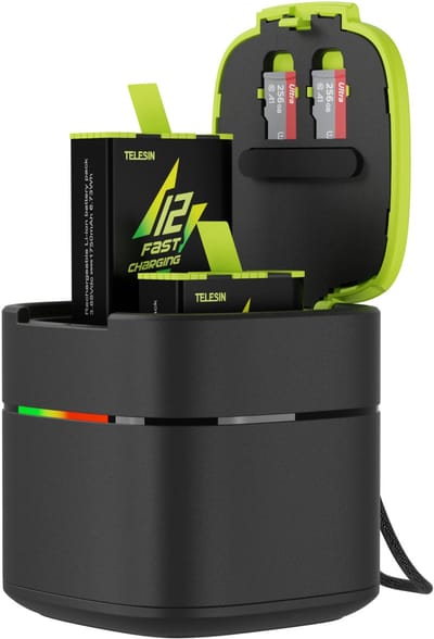 Telesin Fast Charging Kit oplaadbox+2x accu GoPro 9/10/11/12 - Snellader Case voor 3 Accu's en 2 microSD-kaarten - Met Power Delivery