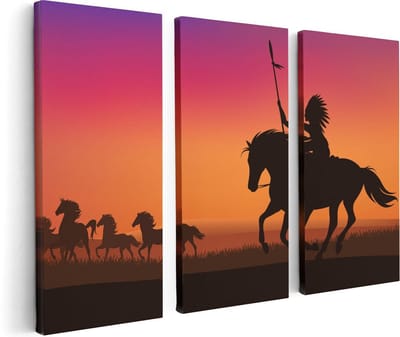 Artaza Canvas Schilderij Drieluik Silhouet van een Indiaan op een Paard - 120x80 - Foto Op Canvas - Canvas Print