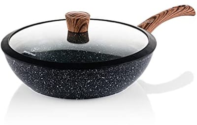 Houten Marmeren Wokpan 30 cm - 3-Laags, Borden met Antiaanbak Coating, Geschikt voor Inductie, Siliconen Handvat in Houten Uiterlijk, Vaatwasserbestendig, Zwart