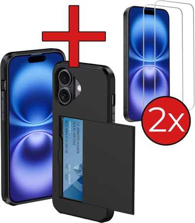 Hoesje Geschikt voor iPhone 16 Hoesje Met Pasjeshouder Hard Case Met Kaarthouder Met 2x Screenprotector - Hoes Geschikt voor iPhone 16 Hoesje Pashouder Case - Zwart
