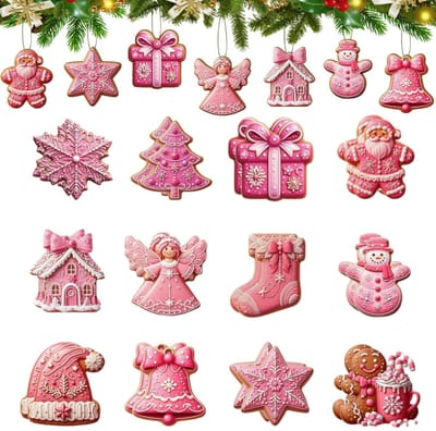 Dailygoods- Kerstboomdecoratie 24 Stuks - Houten Ornamenten - Roze Versiering - Rendier/Bel/Engel/Ster - Rustieke Charme - Feestelijke Sfeer - Kerstversiering