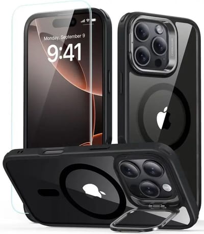ESR Classic Hybrid HaloLock Hoesje Geschikt voor Apple iPhone 16 Pro Max - Met Screenprotector - Compatibel met MagSafe - Back Cover met Standaard - Camera Kickstand - Gehard Glas - Clear Zwart