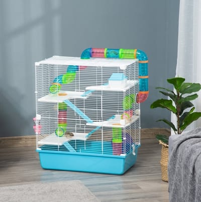 MEUNIQ Kleintierkooi voor knaagdieren 59 x 36 x 69 cm met 5 niveaus, buizensysteem, loopwiel, drinkfles en voerbak, metalen kooi met kunststof bodem, lichtblauw en wit