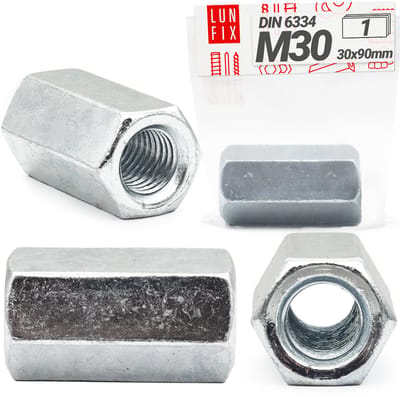 LUN FIX - Gewindemuffe M30 x 90mm - 1 stuk - verzinkt staal - lange verbindingmutter