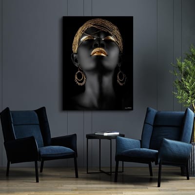 Luxe Canvas Schilderij Gold Lip Girl | 75x100 | Woonkamer | Slaapkamer | Kantoor | Style| Succes | Art | Modern | Lifestyle | Abstract | Goud | ** 4CM DIK! 3D Effect**