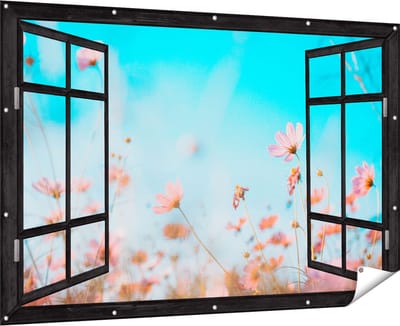 Gards Tuinposter Doorkijk Paarse Kosmos Bloemen - 180x120 cm - Tuindoek - Tuindecoratie - Wanddecoratie buiten - Tuinschilderij