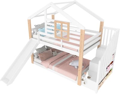 REDOM - Stapelbed met Glijbaan – 90x200 cm – Huisvorm met Trap – Opbergvakken – EN747 Gecertificeerd – Hout – Wit