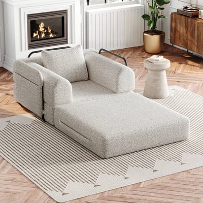 PHOEBE CAT 2-in-1 Slaapbank - Fauteuil - Chenille stof - Metalen frame - Met kussens - Kaki