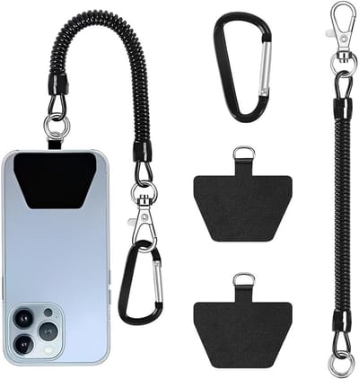 Bescherming van mobiele telefoons tegen diefstal met een universele anti-diefstal strap, 1 touw, 2 pads en 1 karabiner, zwart, geschikt voor de meeste smartphones met flexibele spiraalkabel