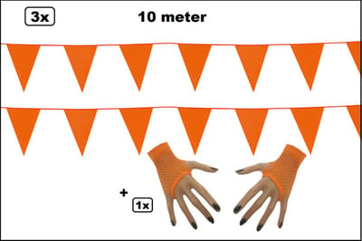 3x Vlaggenlijn oranje 10 meter + Paar Nethandschoen kort vingerloos oranje - Koningsdag WK thema feest party sport versiering