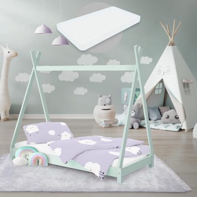 Kinderbed tipi - Huisbed speelbed - Avontuurlijk slapen - Inclusief koudschuimmatras - 70x140 cm - Mint