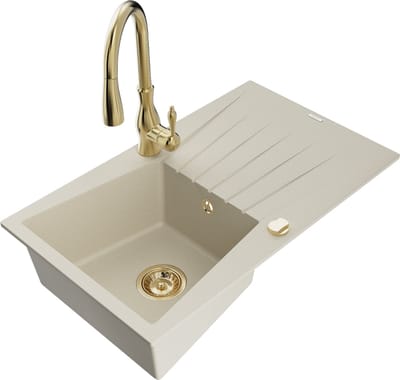 Mexen Cesar granieten spoelbak 1-komorige met afdruiprek en keukenkraan Savita, beige - 6514-69-672601-50