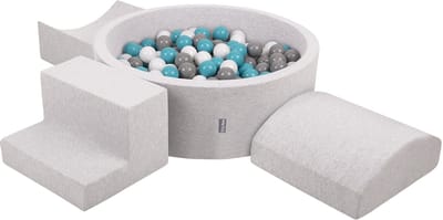 KiddyMoon schuimspeelplaats met rond ballenbad (300 ballen) ballenbakken voor baby's speelbad hindernisbanen, made in the eu, lichtgrijs:grijs/wit/turquoise