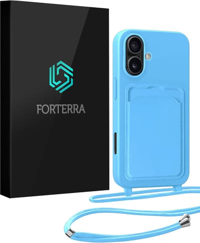 Hoesje Geschikt voor iPhone 16 Plus Pashouder Case Siliconen Hoes Met Koord - Hoes Geschikt voor iPhone 16 Plus Met Telefoonkoord Hoesje Back Cover Met Pasjeshouder - Lichtblauw
