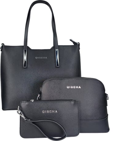 Qischa® 3 in 1 schoudertas en crossbody saffiano zwart. + BIJPASSEND SLEUTELTASJE