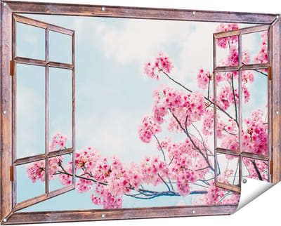 Gards Tuinposter Doorkijk Roze Bloesemboom - Bloemen - 150x100 cm - Tuindoek - Tuindecoratie - Wanddecoratie buiten - Tuinschilderij