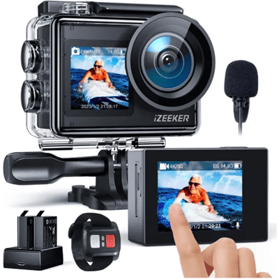 iZEEKER iA200 Action Cam met EIS - 4K 24MP WiFi - Waterdicht 40M - Dual Screen - Externe Microfoon - 2 x 1350 mAh batterijen, Accessoire Kit