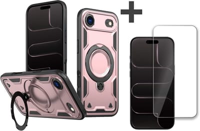 Hoesje Geschikt voor iPhone 17 Air met gehard glas Screenprotector - Armor hoes met Ringhouder - Arara backcover - Rosegoud