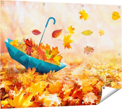 Gards Tuinposter Blauwe Paraplu in de Herfstbos met Bladeren - 120x90 cm - Tuindoek - Tuindecoratie - Wanddecoratie buiten - Tuinschilderij