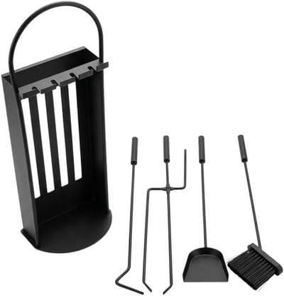 HEAT Fyrset Haardgereedschapset - 5-delig - Inclusief Ronde Houder - Carbon Staal - Mat Zwart - Voor Binnen & Buiten