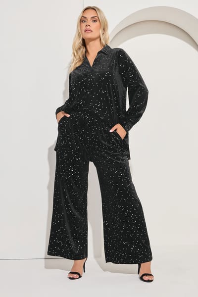 Yours Black Star Velours Broek Met Wijde Pijpen Size 42
