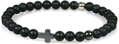 IbizaMen - heren armband - Zwart mat onyx 6mm - hematiet kruisje en kraal - RVS kraal - 20cm