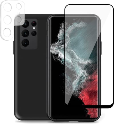 Hoesje geschikt voor Samsung S22 Ultra + Screenprotector + Camera Cover - Glass Pet Folie - Liquid Back Case Cover Zwart