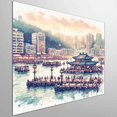 Pixel art aquarel schilderij | Geometrische waterverf creatie met digitale pixelkunst in harmonie | Kunst - 50x50 centimeter op Dibond | Foto op Dibond