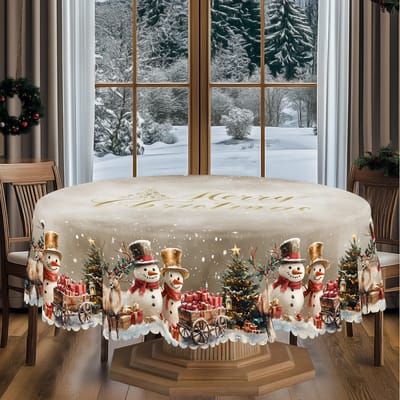 Kerst Vintage Boerderij Tafelkleed met Kerstman, rendieren & Kerstboom prints. Rechthoekige & ronde maten voor Kerst/Nieuwjaarsfeesten, keuken, binnen & Round (180)Cm