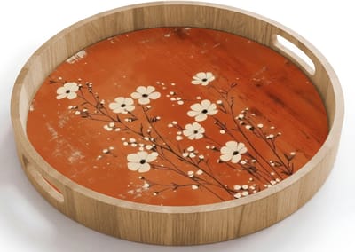 Dienblad rond 40x40 cm - Schootdienblad hout - Bloemen - Wit - Subtiel - Roestkleur - Borrelplank rechthoek - Plateau houten dienbladen