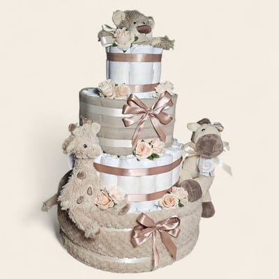 Mega Luiertaart 4-laags Beige – luxe unisex kraamcadeau