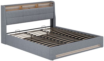 Vitalispa Christin Gestoffeerd bed – 180x200 met LED en USB-poort Grijs/eiken