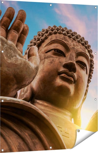 Gards Tuinposter Groot Boeddha Standbeeld van Dichtbij - 90x120 cm - Tuindoek - Tuindecoratie - Wanddecoratie buiten - Tuinschilderij