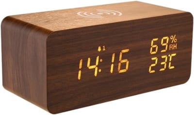 Houten Digitale Wekker - Wekkerradio - Draadloos Oplader iPhone - Wekker - Hout - Reiswekker - Draadloos opladen - Weerstation Binnen - Walnootkleur
