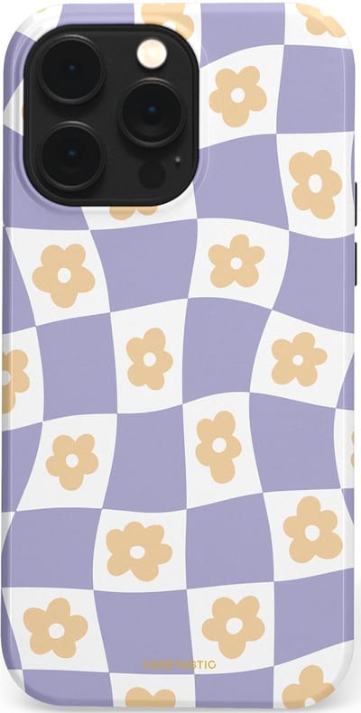 Casetastic hoesje geschikt voor Apple iPhone 14 Pro Max - MagSafe - Dubbellaagse bescherming - Kronkelende madeliefjes - Fashion Case - Lila Wit Zand Lichtgrijs