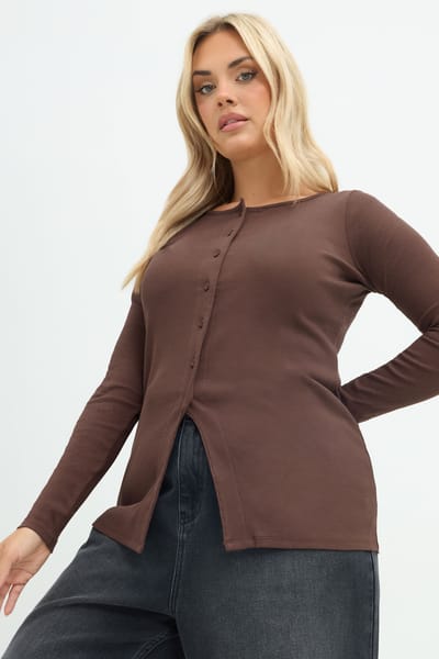 Limited Collection Chocoladebruine Top Met Knopen Aan De Voorkant En Lange Mouwen Size 38