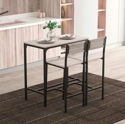 Bar Tafel En Stoelen Set - 3 Delig Met 2 Barkrukken - Comfortabel Met Hoge Rugleuning En Voetsteun - Keuken En Eethoek - Hout En Metaal - Naturel