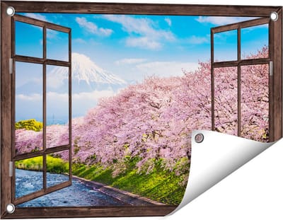 Gards Tuinposter Doorkijk Roze Bloesembomen bij de Fuji Berg - 60x40 cm - Tuindoek - Tuindecoratie - Wanddecoratie buiten - Tuinschilderij