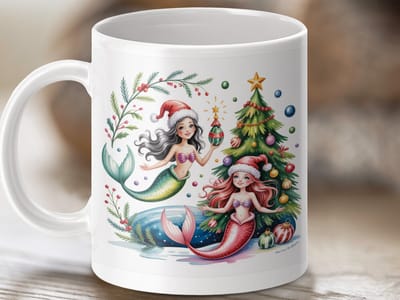 Mok Kerst Zeemeerminnen, Feestelijke Mok, Kerstboom Mok, Vakantie Mok, Zeemeermin Kerstcadeau, Nieuwigheid Koffiemok