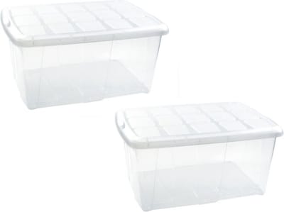 Plasticforte opslagbak organizers met deksel - 2x - transparant/wit - 60 liter - kunststof