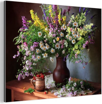 Aluminium schilderij 80x60 cm - Wanddecoratie metaal - Bloemen - Tafel - Stilleven - Boeket - Vaas - Metalen muurdecoratie woonkamer - Decoratie industrieel - Foto op dibond - Industriële accessoires slaapkamer