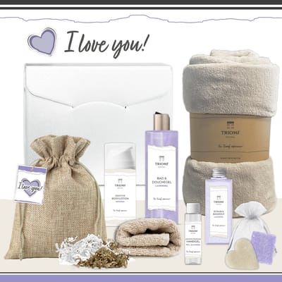 Geschenkset “I Love You!” - 8 producten - 1000 gram - Triomf Cosmetica | Lavendel Giftset voor haar Luxe Wellness Cadeau Ik hou van jou Cadeaupakket Vrouw Gift Woman Geschenk Pakket Vriendin Girlfriend Moeder Kerst Kerstpakket Set Lavender Paars